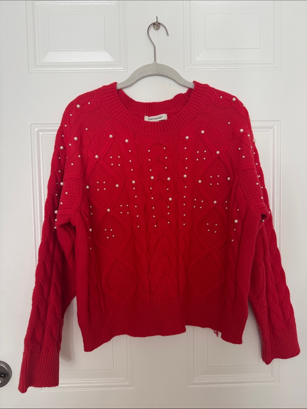 Red Pearl-Accent Cable Knit Sweater